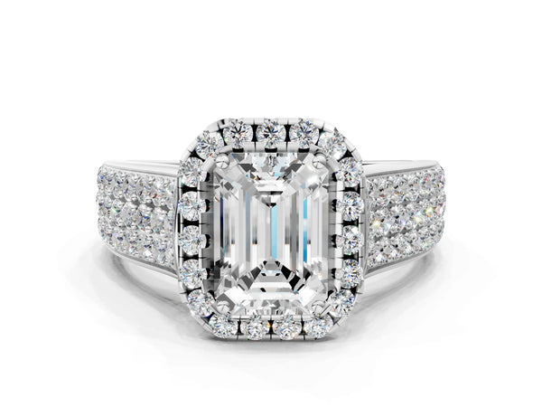 White gold Emerald Halo Round Diamond Pave Band with Prong Setting