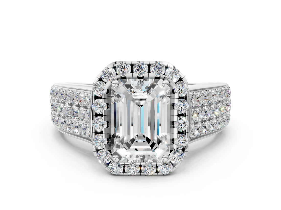 White gold Emerald Halo Round Diamond Pave Band with Prong Setting_25