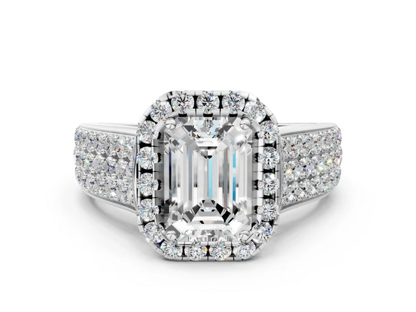 White gold Emerald Halo Round Diamond Pave Band with Prong Setting