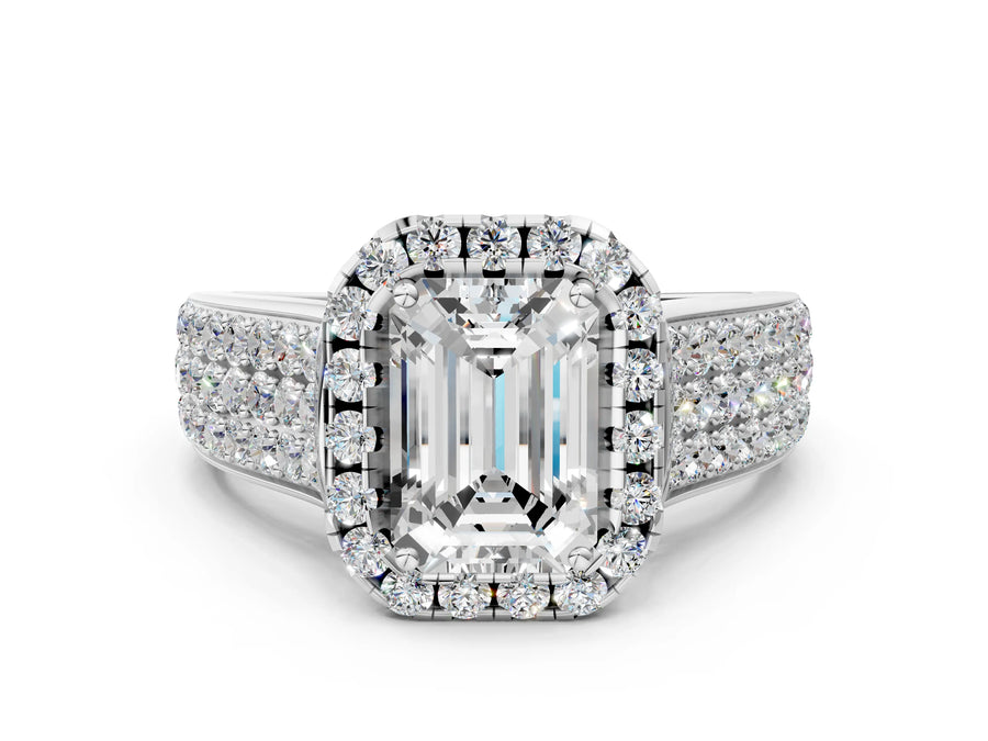 White gold Emerald Halo Round Diamond Pave Band with Prong Setting
