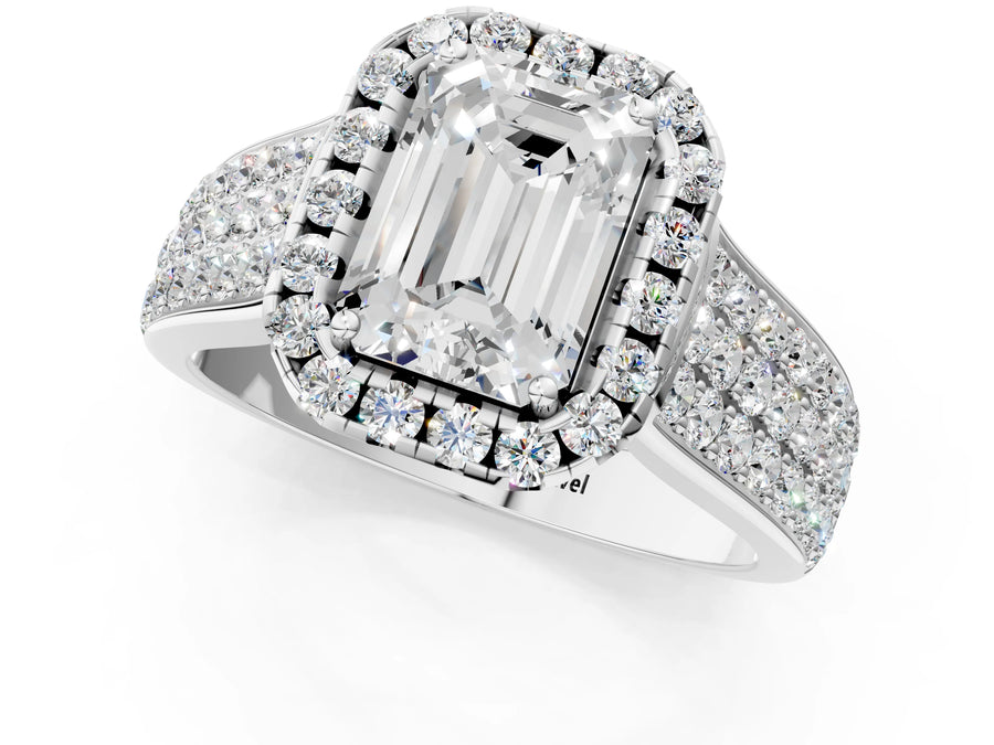 White gold Emerald Halo Round Diamond Pave Band with Prong Setting
