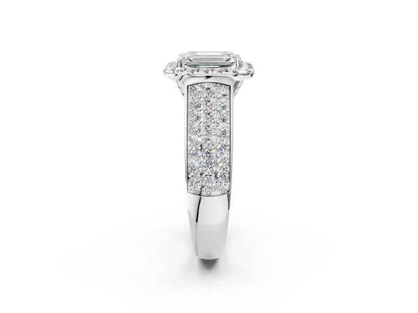White gold Emerald Halo Round Diamond Pave Band with Prong Setting