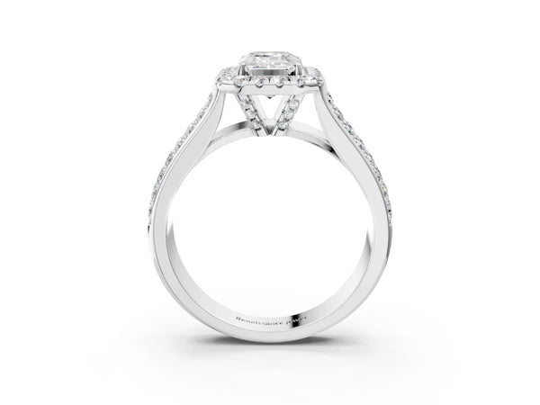 White gold Emerald Halo Round Diamond Pave Band with Prong Setting