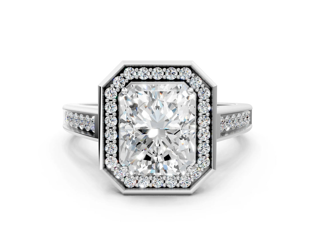 White gold Emerald Halo Solitaire Diamond Ring with Pave Band and Bezel Setting_46