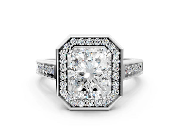 White gold Emerald Halo Solitaire Diamond Ring with Pave Band and Bezel Setting