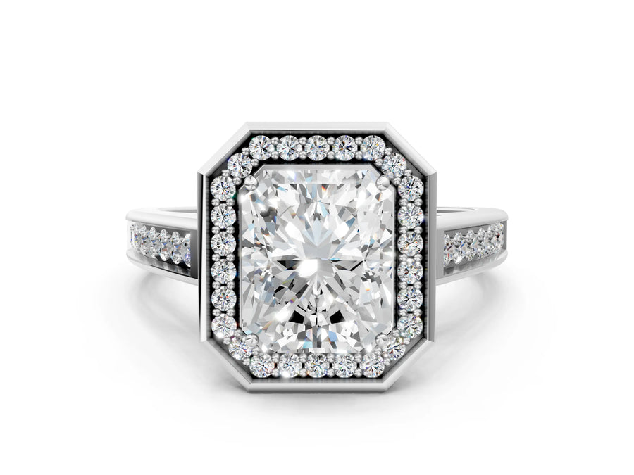 White gold Emerald Halo Solitaire Diamond Ring with Pave Band and Bezel Setting