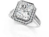 White gold Emerald Halo Solitaire Diamond Ring with Pave Band and Bezel Setting_47