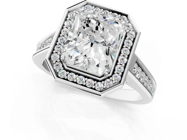 White gold Emerald Halo Solitaire Diamond Ring with Pave Band and Bezel Setting