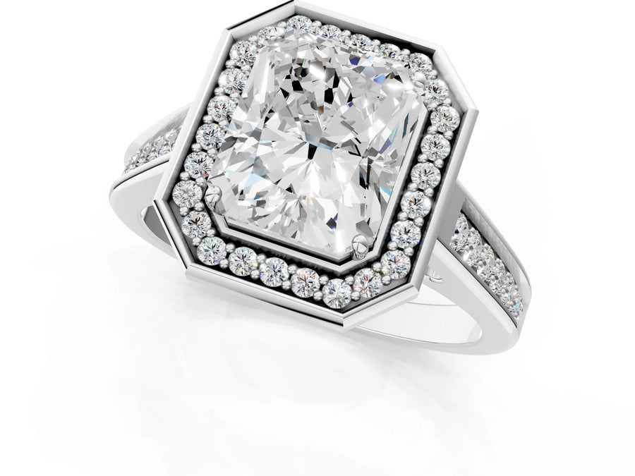 White gold Emerald Halo Solitaire Diamond Ring with Pave Band and Bezel Setting