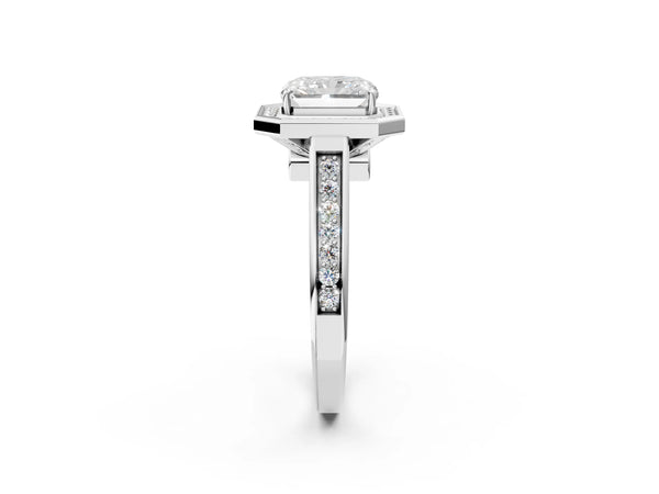 White gold Emerald Halo Solitaire Diamond Ring with Pave Band and Bezel Setting