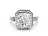 White gold Emerald Halo Solitaire Diamond Ring with Pave Band and Bezel Setting_49