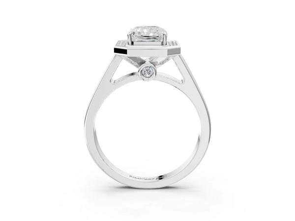 White gold Emerald Halo Solitaire Diamond Ring with Pave Band and Bezel Setting