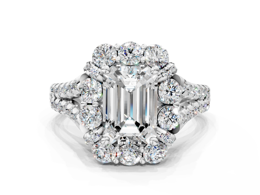 White gold Emerald Halo Split Shank Diamond Engagement Ring with Pave Band and Four-Prong Setting_53