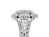 White gold Emerald Halo Split Shank Diamond Engagement Ring with Pave Band and Four-Prong Setting_58