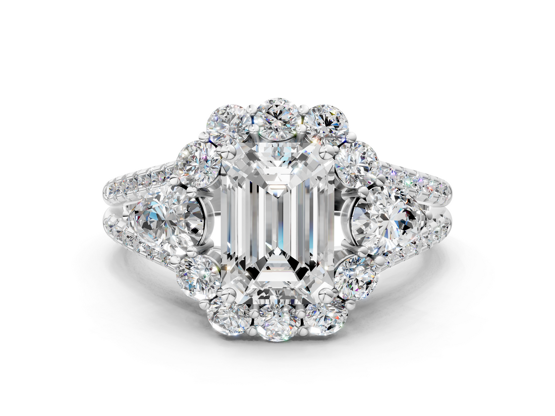 White gold Emerald Halo Split Shank Diamond Engagement Ring with Prong Setting_20