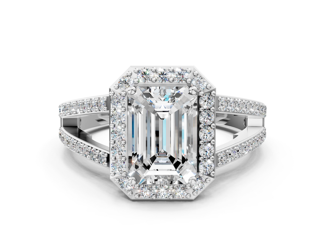 White gold Emerald Halo Split Shank Diamond Ring with Four-Prong Setting_36