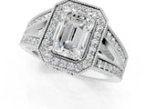 White gold Emerald Halo Split Shank Diamond Ring with Milgrain Prong Setting_7