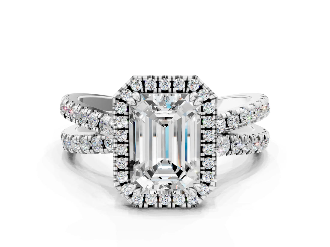 White gold Emerald Halo Split Shank Diamond Ring with Pavé Setting_26
