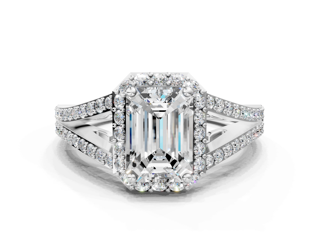 White gold Emerald Halo Split Shank Diamond Ring with Prong Setting_20