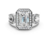 White gold Emerald Halo Split Shank Milgrain Diamond Ring_18