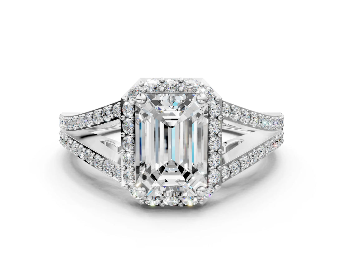 White gold Emerald Halo Split Shank Pave Diamond Ring with Four-Prong Setting_49