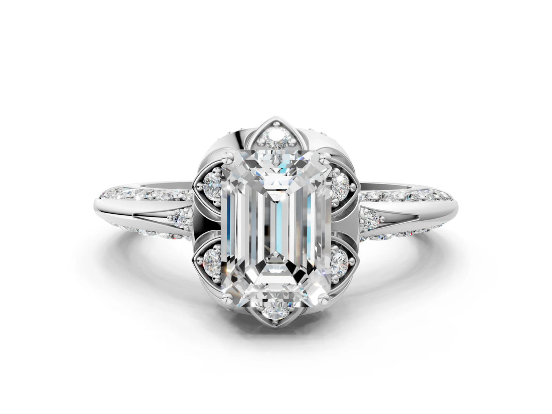 White gold Emerald Halo Split Shank Pave Diamond Ring with Petal Prong Setting_20