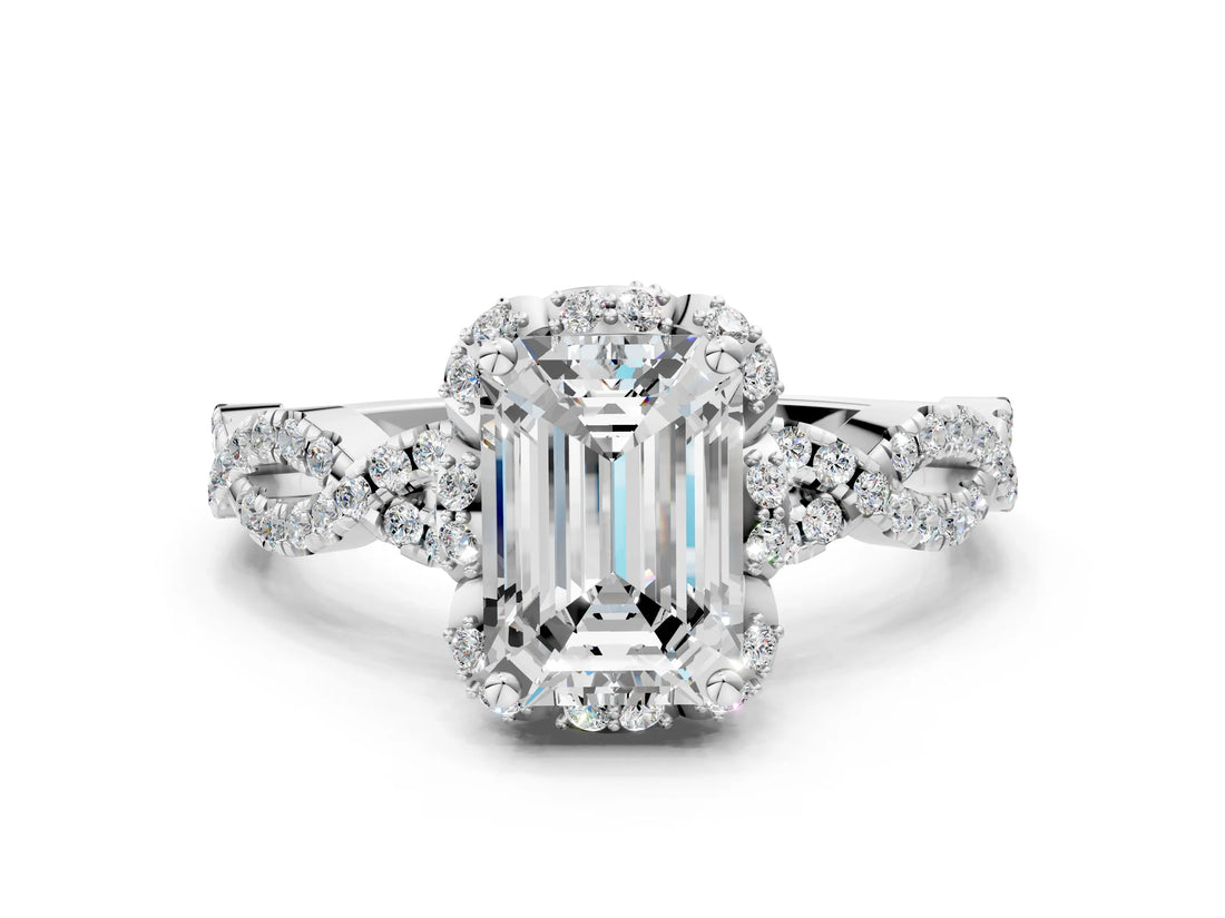 White gold Emerald Halo Twist Band Solitaire Ring with Six-Prong Setting_32