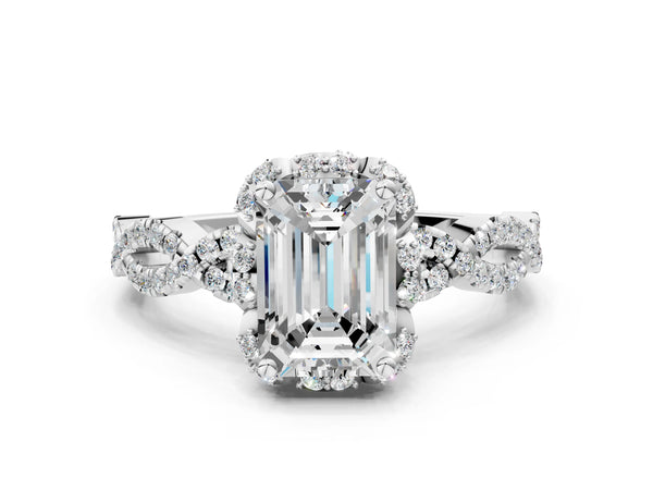 White gold Emerald Halo Twist Band Solitaire Ring with Six-Prong Setting