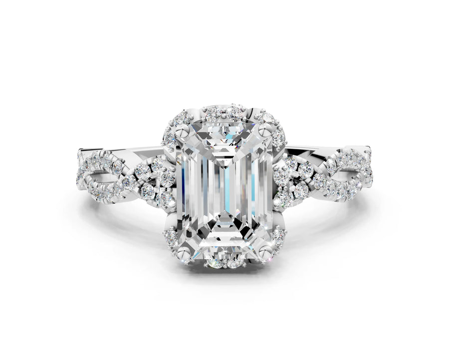 White gold Emerald Halo Twist Band Solitaire Ring with Six-Prong Setting