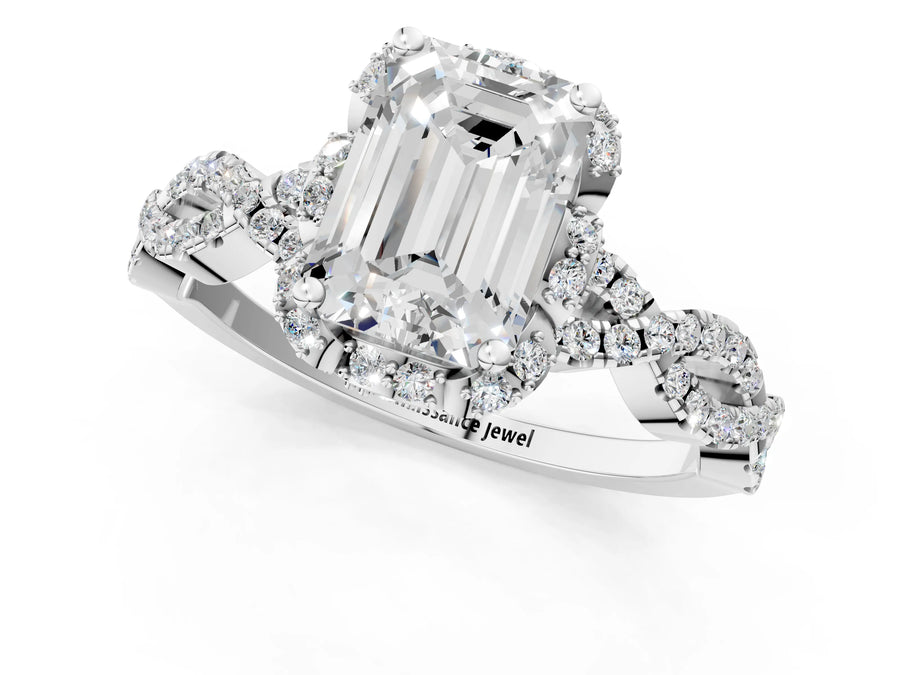 White gold Emerald Halo Twist Band Solitaire Ring with Six-Prong Setting