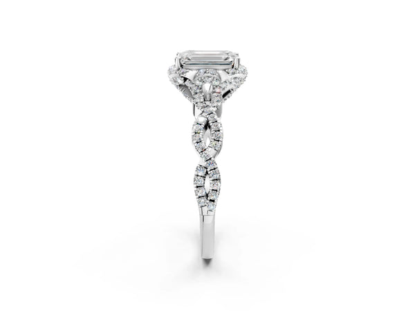 White gold Emerald Halo Twist Band Solitaire Ring with Six-Prong Setting