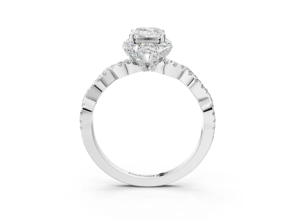 White gold Emerald Halo Twist Band Solitaire Ring with Six-Prong Setting