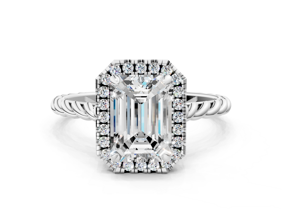 White gold Emerald Halo Twisted Band Four-Prong Diamond Ring_20
