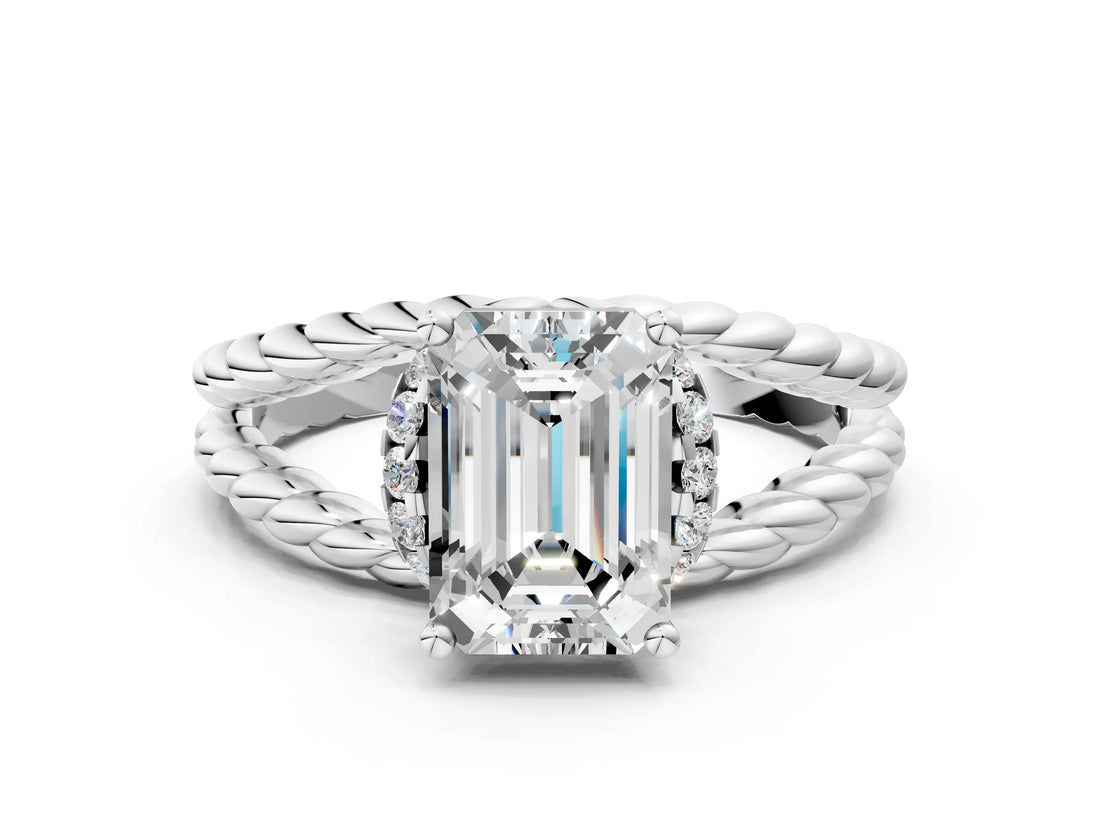 White gold Emerald Halo Twisted Band Four-Prong Ring_50