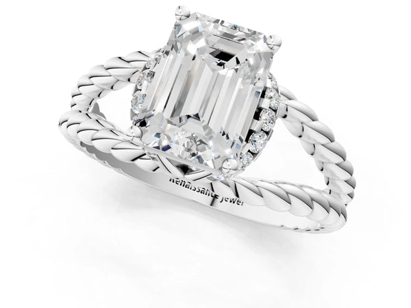 White gold Emerald Halo Twisted Band Four-Prong Ring