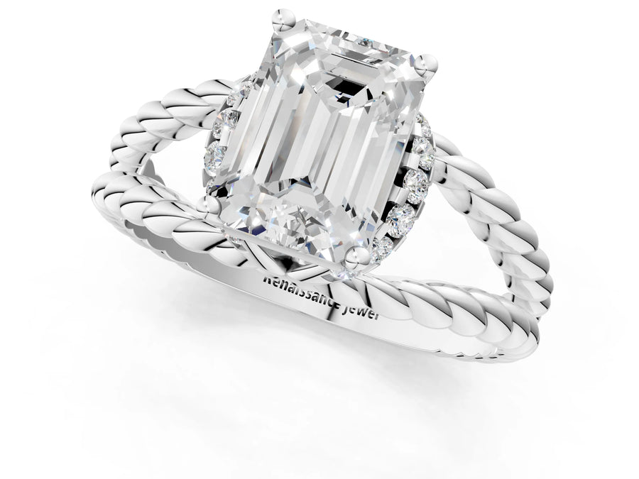White gold Emerald Halo Twisted Band Four-Prong Ring