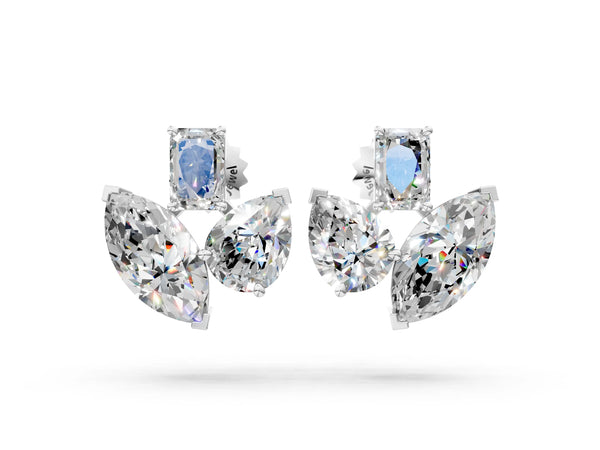 White gold Emerald, Marquise and Pear Diamond Mosaic Three Stone Fan Earrings
