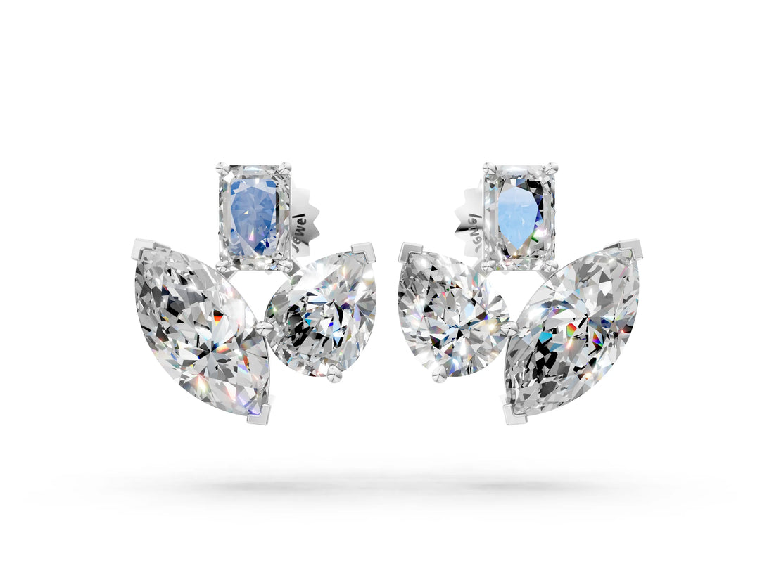 14K White Gold 0.83 Carat E-F VVS-VS Emerald, Marquise and Pear Diamond Mosaic Three Stone Fan Earrings
