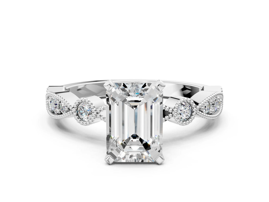 White gold Emerald Milgrain Bezel Diamond Engagement Ring with Solitaire Prong Setting_200