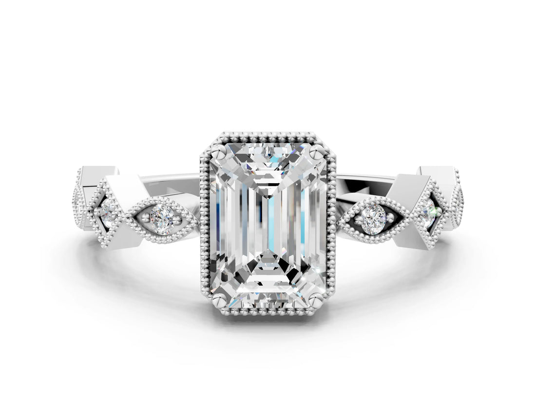 White gold Emerald Milgrain Marquise Diamond Twist Band Ring_37