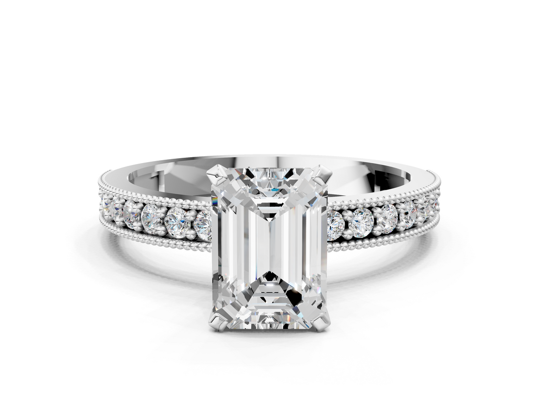 White gold Emerald Milgrain Pave Diamond Engagement Ring with Four-Prong Setting_175