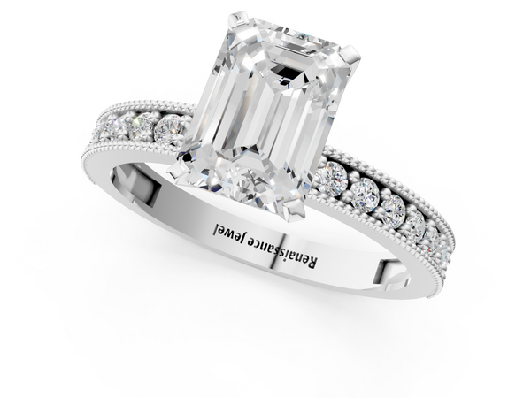 White Gold Emerald Cut Milgrain Pave Solitaire Engagement Ring Setting with Vintage Edge Band