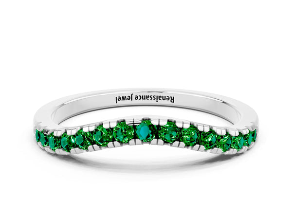 Sterling Silver Round Lab-Grown Emerald Pave Contour Wedding Band with Shared Prongs