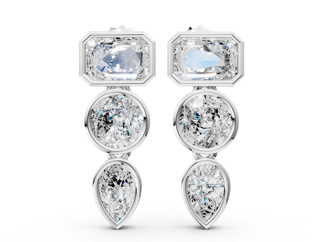 White gold Emerald, Round and Pear Diamond Bezel Drop Earrings_8
