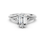 White gold Emerald Solitaire Beaded Band Six-Prong Setting