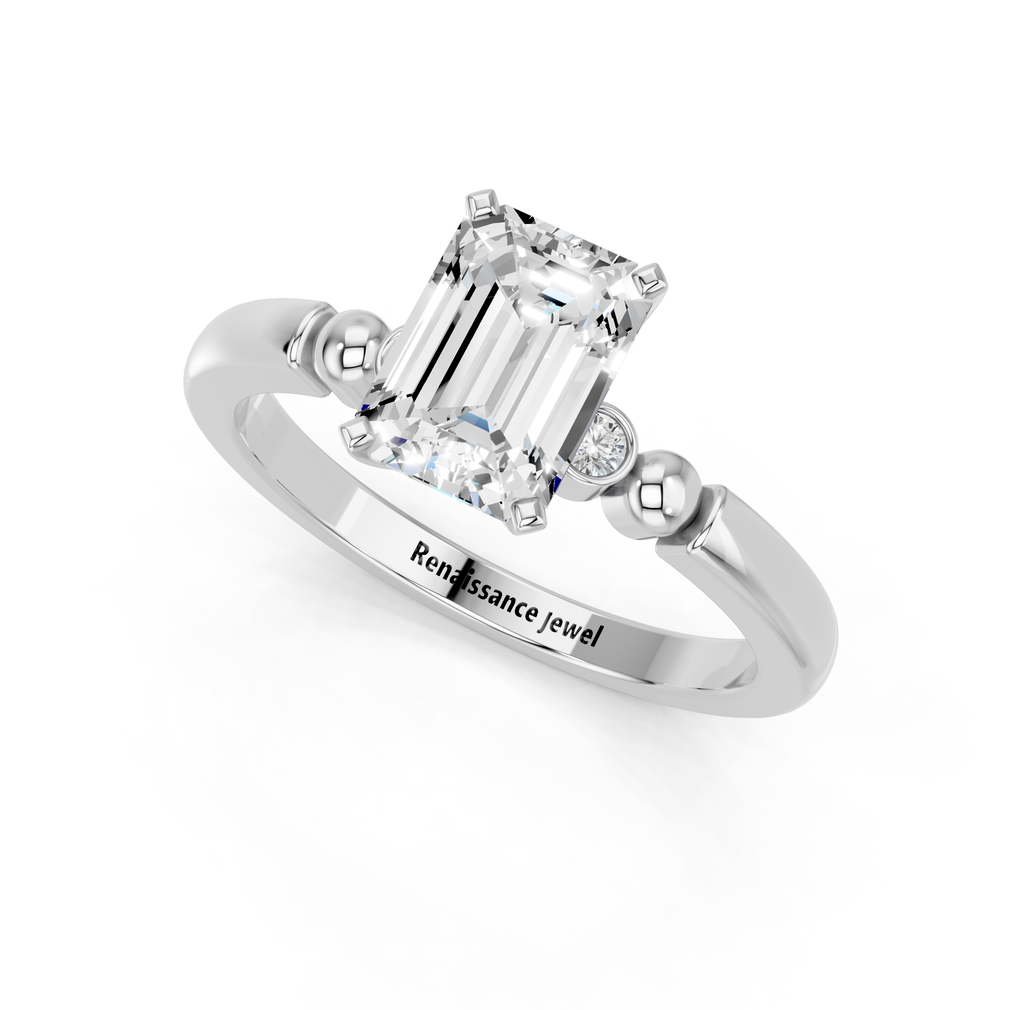 White gold Emerald Solitaire Beaded Band with Four-Prong Setting_33