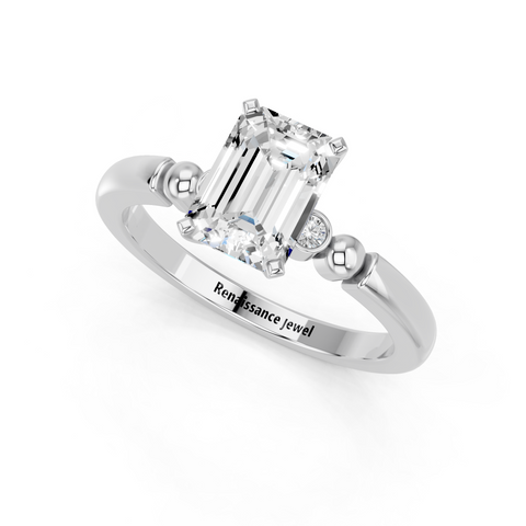 White gold Emerald Solitaire Beaded Band with Four-Prong Setting_33