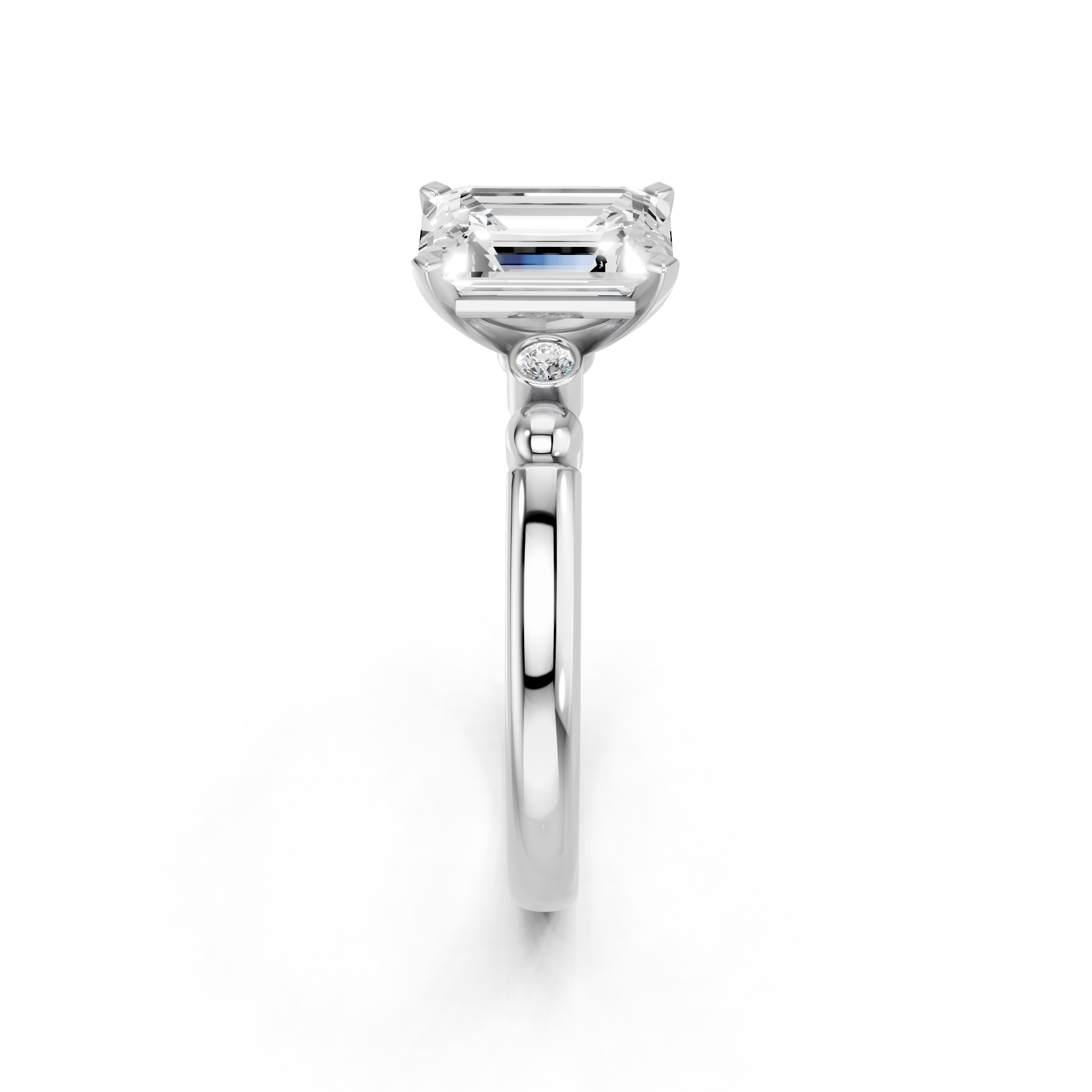 White gold Emerald Solitaire Beaded Band with Four-Prong Setting_34