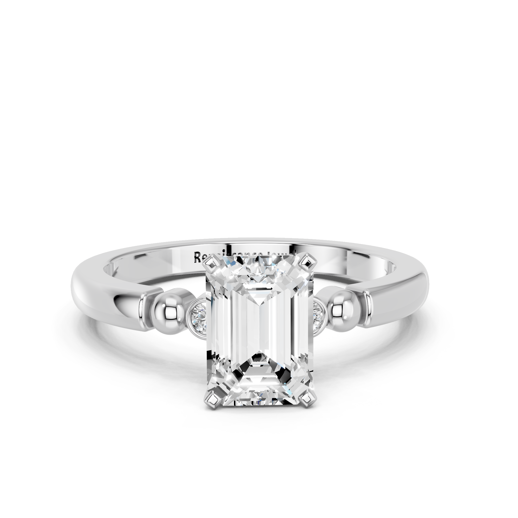 White gold Emerald Solitaire Beaded Band with Four-Prong Setting_41