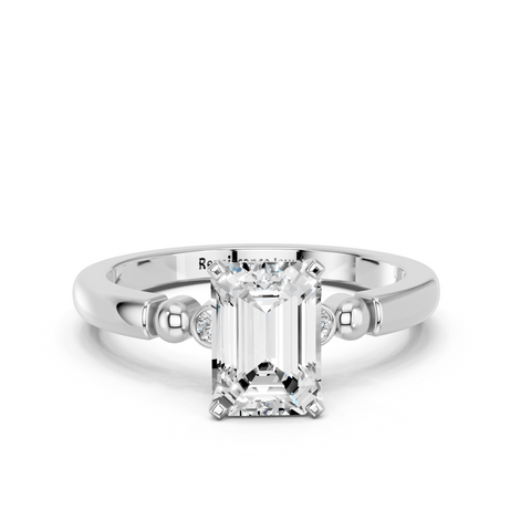 White gold Emerald Solitaire Beaded Band with Four-Prong Setting_41